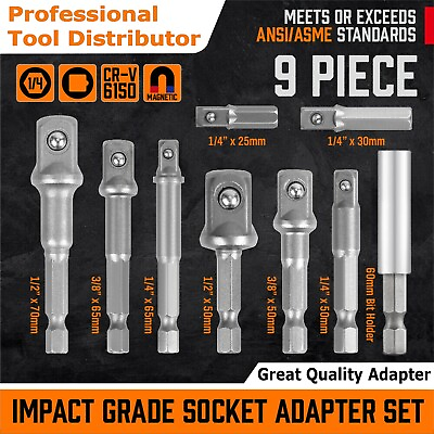 #ad 9Pcs Socket Adapter Drill Bits Set Hex Impact Driver Tools 1 4quot; 3 8quot; 1 2quot; Shank