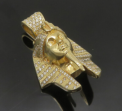 #ad 14K GOLD Vintage Genuine Diamonds Egyptian Pharaoh Pendant GP270