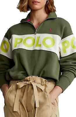 #ad Polo Ralph Lauren 276671 Quarter Zip Logo Tape Sweatshirt in Army Olive XS