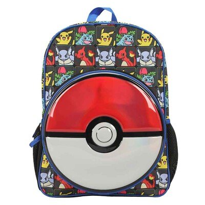 #ad Pokemon Characters Backpack With Molded Front Pokeball Panel Kids Book Bags
