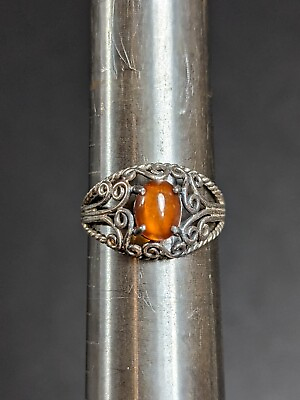 #ad Sterling Silver Filigree Ring Orange Stone Size 8 Signed PCCO 925