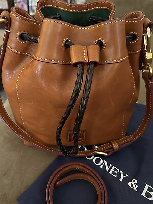 #ad Dooney Bourke Brown Florentine Leather HATTIE Drawstring Bucket Bag New Photos