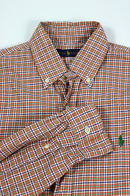 #ad Ralph Lauren Mens Button Up Shirt Medium Orange Plaid Long Sleeve Button Down