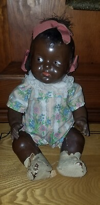 #ad ANTIQUE COMPOSITION BLACK BABY DOLL 15quot; side glancing bent knee