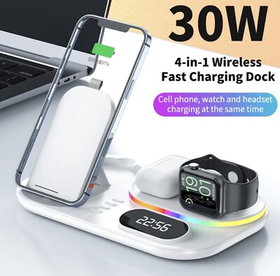 #ad 4 in 1 Fast Wireless 30W Qi Charger Clock Pad for iPhone Samsung Charging Stand