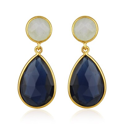 #ad 925 Silver Pear amp; Round Corundum Blue amp; Aqua Chalcedony Gemstone Drop Earrings
