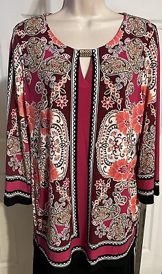 #ad NEW MJ Collection Tunic Pullover silky Top Paisley Pink White Black Gold M