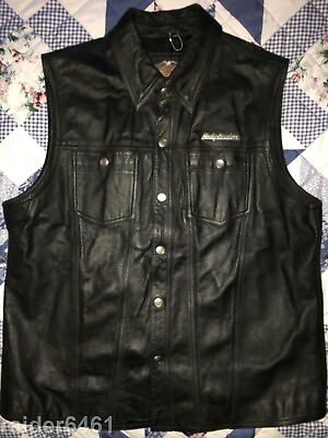 #ad Harley Davidson Men#x27;s Black Leather Embossed Eagle Vest XL H D 97079 03VM GUC