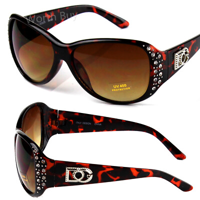 #ad New Womens Rhinestones Sunglasses Shades Fashion Designer Brown Wrap Bling Oval