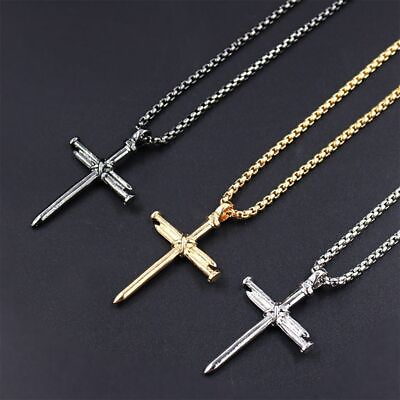 Stainless Steel Men Jesus Christ Nail Cross Crucifix Pendant Necklace Chain 2023