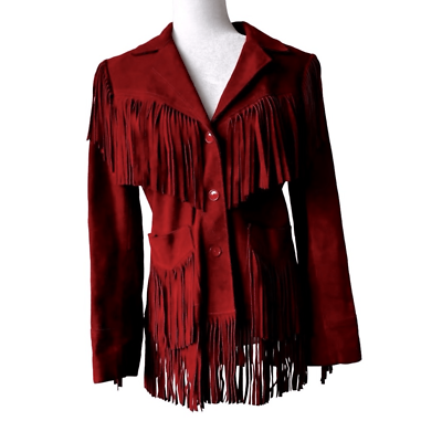 #ad Vintage Red Suede Leather Fringe Jacket Boho Western Biker Hippie