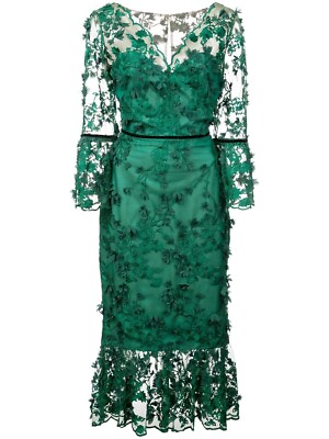 #ad Marchesa Notte Green Embroidered Tea Length Fit Flare Flower Dress Sz 2 NWT $795