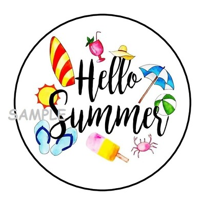 #ad 30 HELLO SUMMER ENVELOPE SEALS LABELS STICKERS 1.5quot; ROUND BEACH FAVORS GIFTS