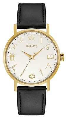 #ad Bulova Masonic Men#x27;s Quartz Gold Black Leather Vintage Design Watch 39MM 97A149