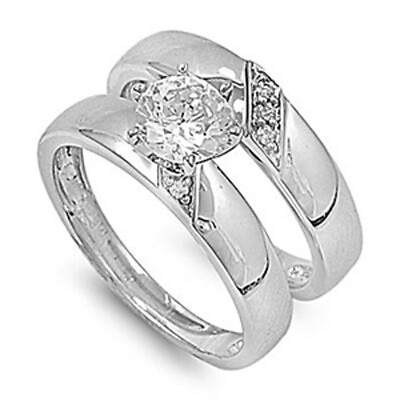 #ad Sterling Silver Designer Engagement Ring Wedding Band Bridal Set CZ Sizes 5 10