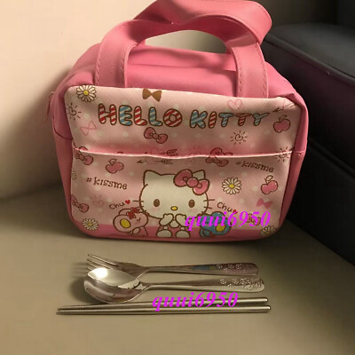 #ad Cute Girl#x27;s Hello Kitty Lunch Box Bag Insulated Handbag Case Tote Spoon Fork Set