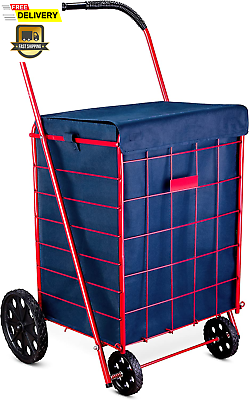 #ad Folding Grocery Basket Shopping Wheels Cart Large Utility Laundry Navy Blue USA.