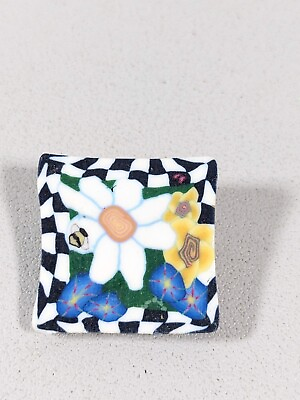 #ad Black White Checkerboard Daisy Flower Bumblebee Clay? Square Small Pin