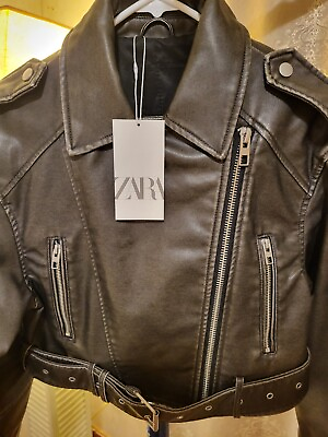 #ad Zara Short Leather Women#x27;s Jacket Charcoal Size Small