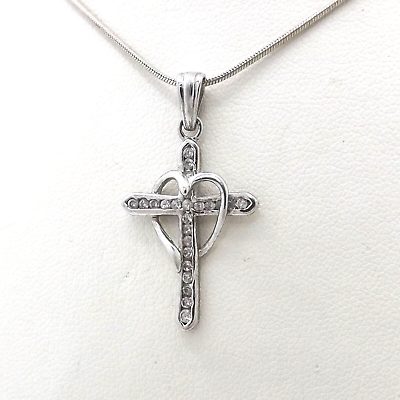 #ad Sterling Silver Cross in Heart cz Pendant Snake Chain Necklace 18in to 20in
