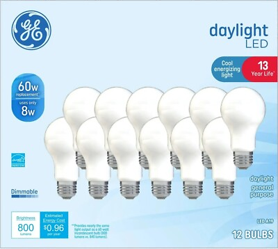 #ad GE LED Light Bulbs 60 Watt Daylight A19 Dimmable. 12 PACK