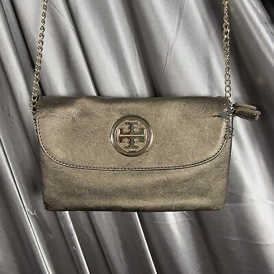#ad Tory Burch Metallic Gold Leather Foldover Chainlink Crossbody Wallet Bag Purse