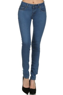 #ad 1 Women Skinny Jeans Plain Solid Denim Medium Blue Stretchy Slim 25quot; to 34quot;