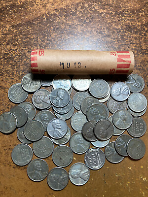 #ad 1943 P STEEL LINCOLN WHEAT CENT PENNY ROLL 50 coins nice condition