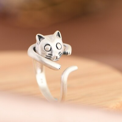 #ad I05 Ring Cat Fine Silver 990 Matte Adjustable Size
