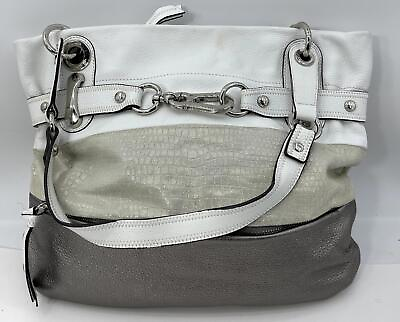 B.Makowsky Women#x27;s White Gray Leather Zip Hobo Shoulder Bag