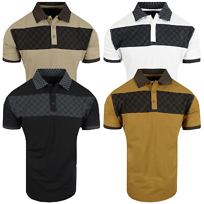 #ad Polo Shirt Mens Plaid Check Designer Sport Stripe Chest Panel Slim Fit Stretch