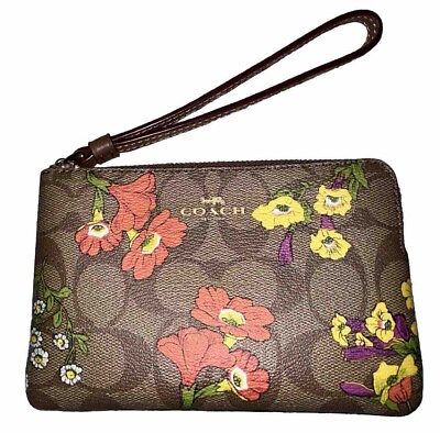 #ad Coach Corner Zip Wristlet Brown Multi Floral Print Smooth Leather NWT