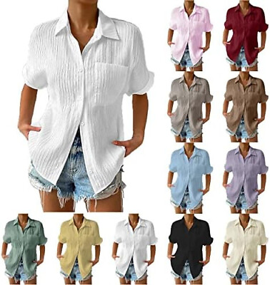 #ad Women Summer Shirts Short Sleeve Blouse Ladies Slim Fit Button Down Tops S 5XL