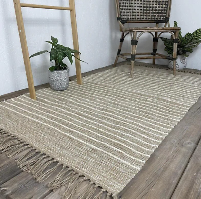 #ad Rug Jute amp; Cotton Area Stripe Handmade Rectangle Rugs Beige Floor mat for Home