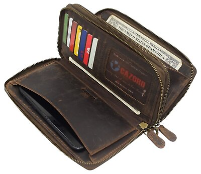 Women#x27;s RFID Vintage Leather Wristlet Phone Wallet Double Zipper Large Organizer