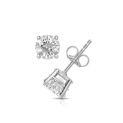 #ad 14K White Gold Diamond Stud Earrings Solitaire Round Brilliant Cut 4 Prong