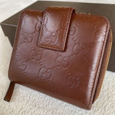 #ad GUCCI Vintage GG Leather Bi fold Compact Wallet Brown Auth 607