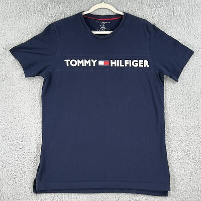 #ad Tommy Hilfiger Shirt Mens Large Navy Blue Colorblock Spellout