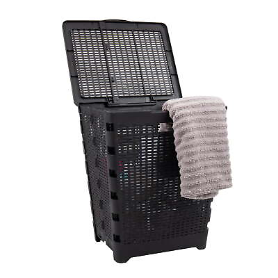 #ad 61L Foldable Laundry Hamper Clothes Basket Lid Wicker Design PlasticBlack