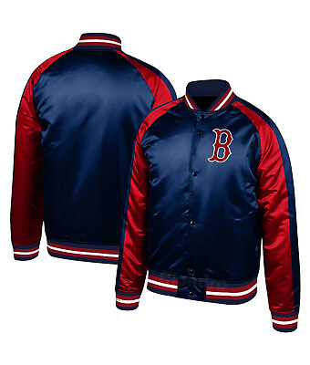#ad MLB Boston Sox Navy Blue Red Satin Lettermen Bomber Style Jacket full snap