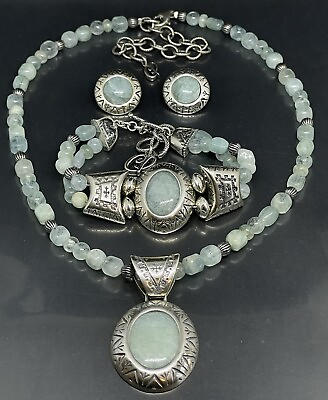 #ad Carolyn Pollack Relios Sterling Aqua Stud Earrings Bracelet Pendant Necklace Set