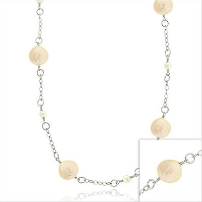 #ad 925 Silver Freshwater Cultured Pink amp; White Coin Pearl Leaf Link Necklace 30quot;