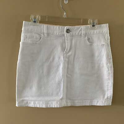 #ad J Crew Stretch Women’s Denim Jean Mini Skirt White Pockets Button Zip Up Size 4