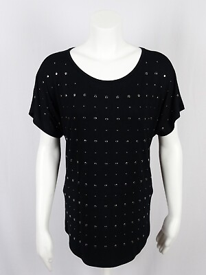 #ad Women#x27;s Vocal Black Full Front Shiny Studded Short Sleeve Shirt Plus Size Top