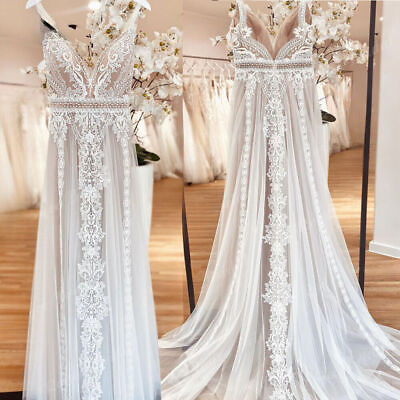 #ad Plus Size Beach Wedding Dresses V Neck Backless Lace A Line Boho Bridal Gowns