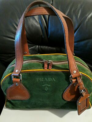 #ad Prada vintage green suede and brown leather shoulder bag for women