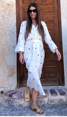 #ad ZARA FW23 NEW WOMAN EMBROIDERED POMPOM COTTON DRESS WHITE MULTICOLOR 6895 247