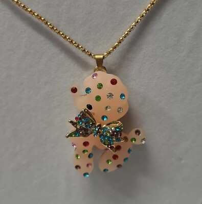 #ad Betsey Johnson Necklace Poodle Dog Gold Tone Pink Multicolor Crystals