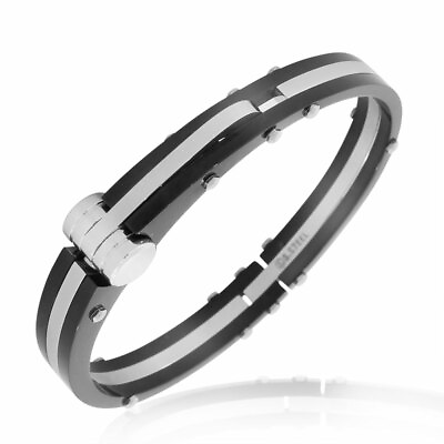 #ad Stainless Steel Silver Tone Black Two Tone Handcuff Mens Bracelet