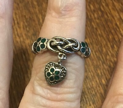 #ad Sterling Celtic knot dangling heart malachite ring size 6.25